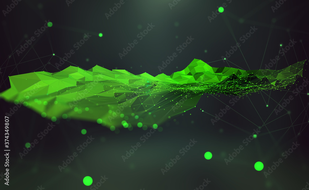 Aufkleber Global network. Blockchain 3D illustration. Neural networks and artificial intelligence. Concept of cyberspace. Abstract technological background with polygon mesh