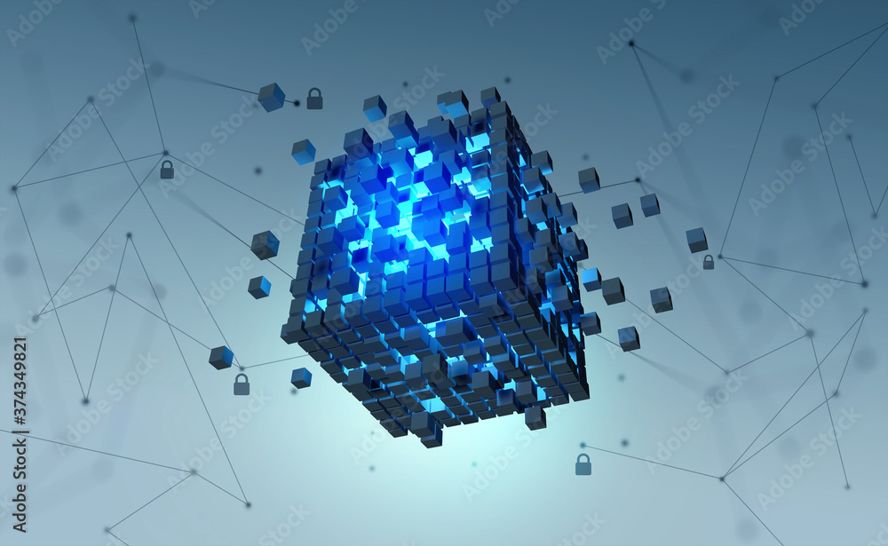 Poster Blockchain technology. Information blocks form a decentralized global database structure. 3D illustration of nanotech cubes in cyberspace