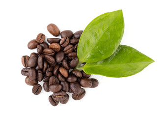 Fototapeta premium coffee beans with green leaves isolated on a white background, top view