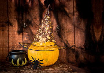 halloween decoration with pumpkin and spider