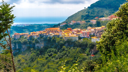 TORTORA, POTENZA, ITALY - The very old Italian town of Tortora, built on a rocky hill in the Middle...