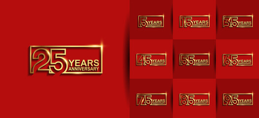 Anniversary logotype set with golden color on red background. vector design for celebration purpose, greeting, invitation card and special event