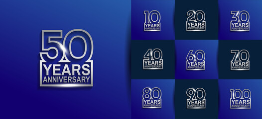 Anniversary logotype set with silver color on blue background. vector design for celebration purpose, greeting, invitation card and special event