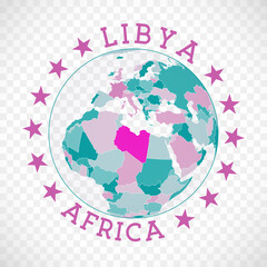 Libya round logo. Badge of country with map of Libya in world context. Country sticker stamp with globe map and round text. Superb vector illustration.