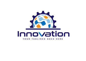Global technology gear concept business logo template design. Globe world and cogwheel mechanic logo sign
