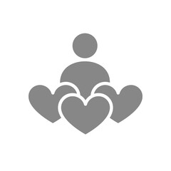 Human with three hearts, donation gray icon. Like, feedback, charity symbol