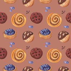 Chocolate seamless pattern with cinnamon roll, blueberry tart, shortbread and chocolate cookie. Delicious and tasty sweets for cozy backgrounds, wallpapers, cafe design and home decor. 