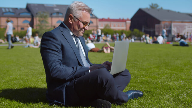 Mature businessman with laptop sitting on green grass working in summer park