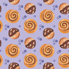 Seamless pattern with blueberries, cookies with chocolate and peanuts and cinnamon rolls on a light violet background. All elements are hand-painted in watercolors. Sweet and cute design. 
