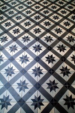 View of vintage tiles at the town hall of Hermoupolis, one of the most important neoclassical buildings still standing in Greece. Hermoupolis, Syros island, Cyclades, Greece.