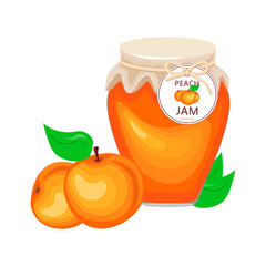 Vector illustration of jar of peach jam. Vegan product. Canning for the winter. Healthy eating.