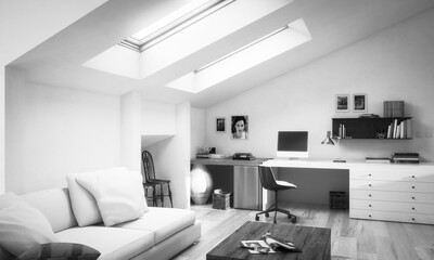 Modern Attic Office Furnishings - black and white 3d visualization