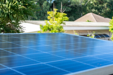 Solar cell panels with evening sunlight are the background.