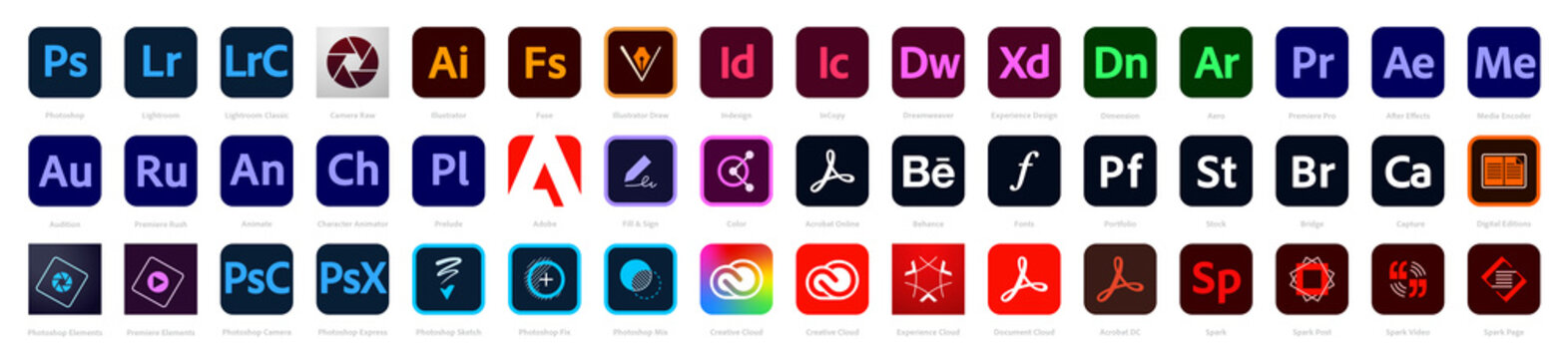 Set icons Adobe Products 2020: Illustrator, Photoshop, InDesign, Premiere Pro, After Effects, Acrobat DC, Lightroom, Dreamweaver...Vector illustration EPS10