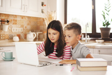 Happy teenagers brother and sister are sitting at a table in the kitchen near a laptop on the net,...