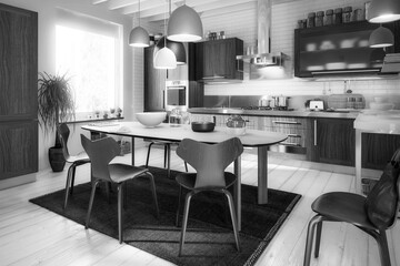 Kitchen Area with Dining Room Integration (B&W) - 3d visualization