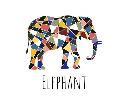 Vector elephant in graphic style. Mosaic style elephant made of black and colored pieces.