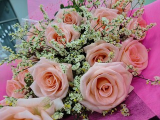 Pink rose flowers that are tied together in a bouquet