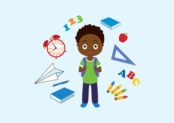 Cute little african boy with school supplies vector. Happy schoolboy with a school backpack vector. School children cartoon character. Adorable african american boy with school supplies icon set