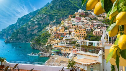 Beautiful Positano with comfortable beach and blue sea on Amalfi Coast in Campania, Italy. Amalfi...