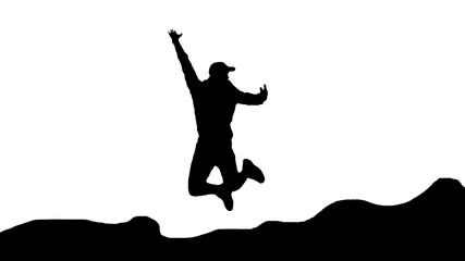 Naklejka na ściany i meble Illustration of a silhouette of a man jumping on the hills,isolated on white.