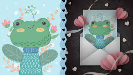 Cute frog - idea for greeting card.