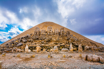 Nemrut has giant sculptures and reliefs were built on the monumental tomb made for Antiochus I the...