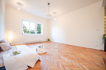 Bright big room in an appartment. Home staging.