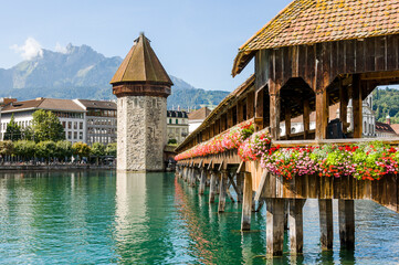 Luzern, Kapellbrücke, Holzbrücke, Wasserturm, Brücke, Reuss, Fluss, Stadt, Altstadt,...