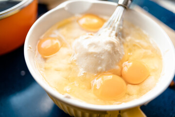 Ingredients of a cake in a bowl