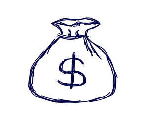 Money bag and coins on a white background. Sketch. Vector. 