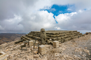 Nemrut has giant sculptures and reliefs were built on the monumental tomb made for Antiochus I the...