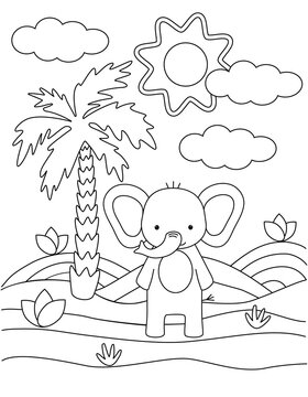 Kids coloring book with cute elephant, palm tree and sun. Simple shapes, contour for small children. Cartoon vector illustration.