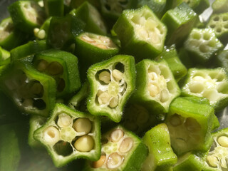 Chopped Lady's finger in a plate with its hexagonal cross section.