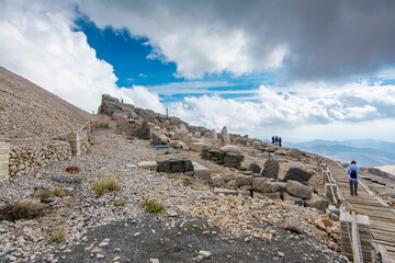 Nemrut has giant sculptures and reliefs were built on the monumental tomb made for Antiochus I the...