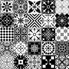 Set of tiles background in portuguese style. Back and white mosaic background in dutch, portuguese, spanish, italian style.