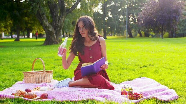 leisure and people concept - happy smiling woman with picnic basket and food sitting on blanket and reading book at summer park