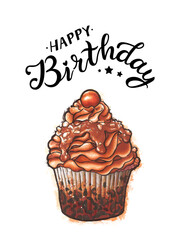 Chocolate birthday cupcake desert with crumb of the cookie postcard poster. Food illustration. Text 