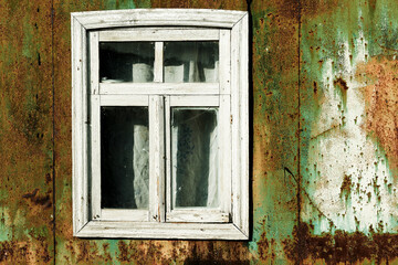 Old window with wooden frame on creative rusty metal background. Flat background texture dirty metal. As the main background for vintage design