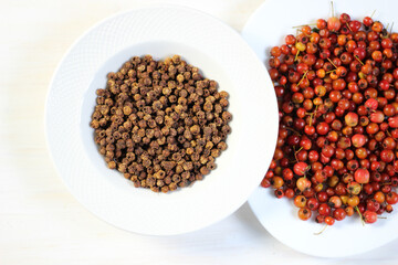 Ripe dry and fresh  hawthorn berries on white plate