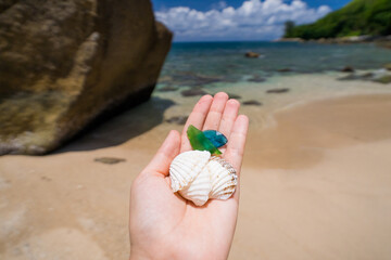 a female hand holds three seashells and green glass that she found on the beach against the background of the turquoise sea