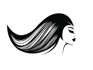 Beautiful woman with long, wavy hairstyle and elegant makeup.Style, beauty salon and hairdresser  logo.Cosmetics and spa icon.Young lady portrait.Cute face.Profile view.
