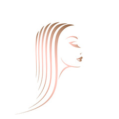 Beautiful woman with long, wavy hairstyle and elegant makeup.Style, beauty salon and hairdresser  logo.Cosmetics and spa icon.Young lady portrait.Cute face.Profile view.Rose gold color.