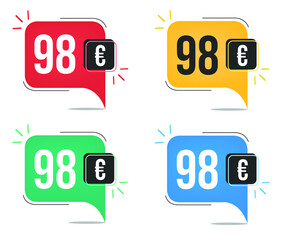 98 euro price. Yellow, red, blue and green currency tags with speech  balloon concept.