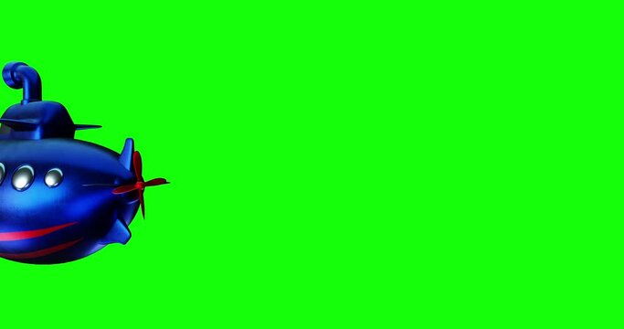 3d motion graphic of red face submariner cartoon style moves from the right to the left of the green screen with alpha channel in the end section.