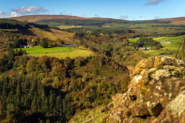 Fototapeta na wymiar Autumn coloured trees in the valley of Glenariff Forest Park. View from the top of the surrounding cliffs, Count Antrim, Northern Ireland