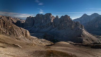 Early morning mountain panorama as seen from Refugio Lagazuoi at the start of Alta Via 1 stage #3, Monte Lagazuoi, Cortina d'Ampezzo, province of Belluno, Dolomites, South Tyrol, Italy.