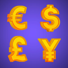 3D Money sign, currency, exchange rate, transfer. etc. Euro, Dollar, Japan yen,  sign icon vector.