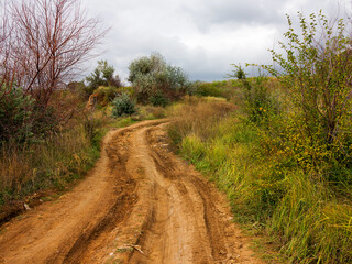 Dirt road with puddles and mud, washed out after a rain on a cloudy autumn day. Authentic rural landscape. Traces of off-road tires. Bad road.