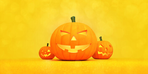 Three scary halloween pumpkins in the middle and orange blank background around. Halloween holiday theme 3d background illustration.
